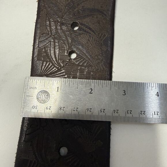 BRAVE Beltworks Wide Tooled Italian Leather Belt Size 34 Brown Boho Handcrafted